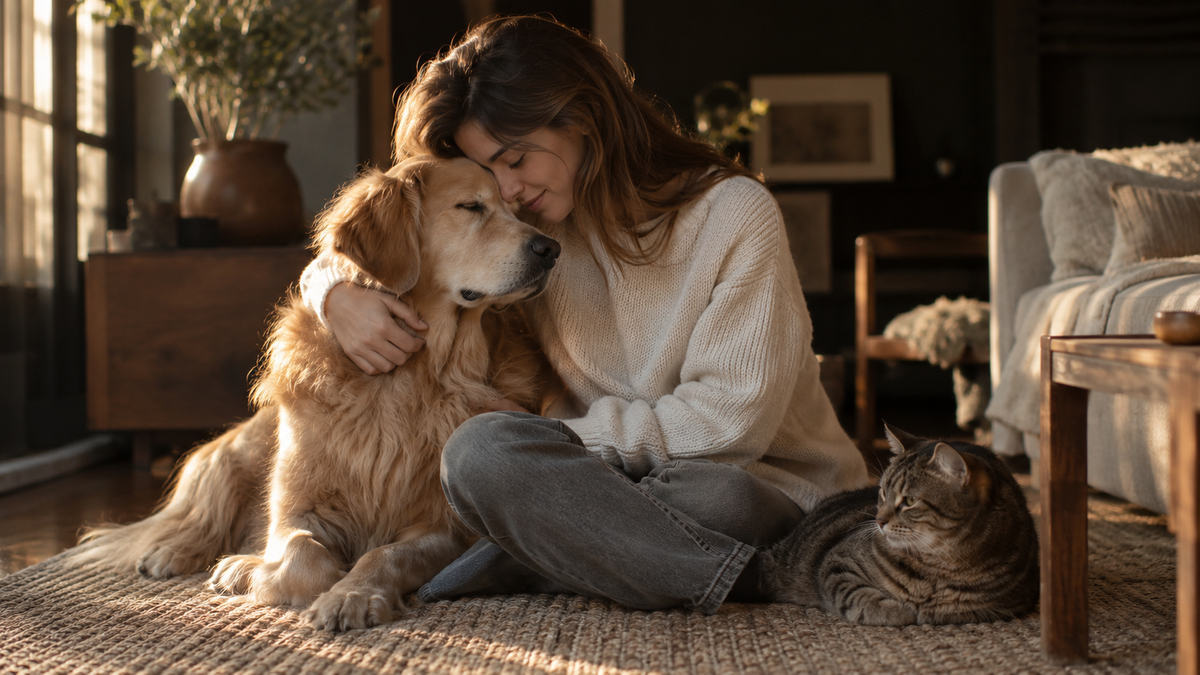 A quiet moment shared by a woman, a golden retriever and a cat.