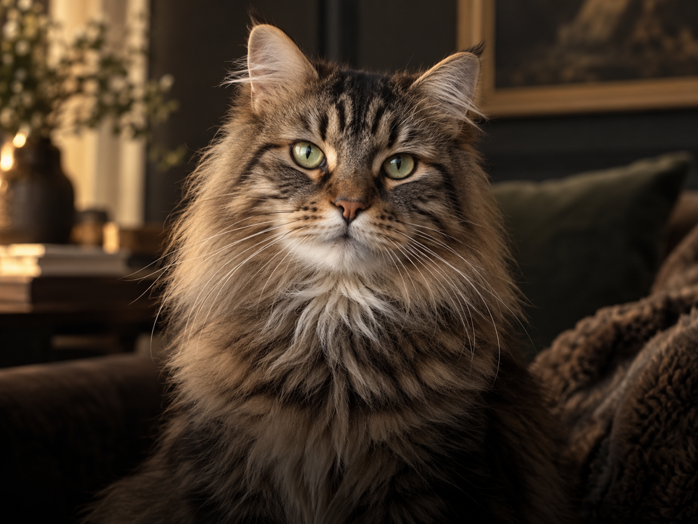 Longhair tabby cat in an elegant interior.