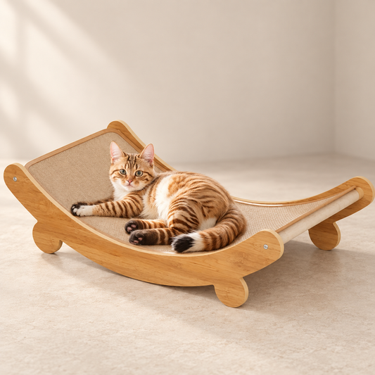 Wooden cat scratching recliner with curved beige fabric and natural wood frame.