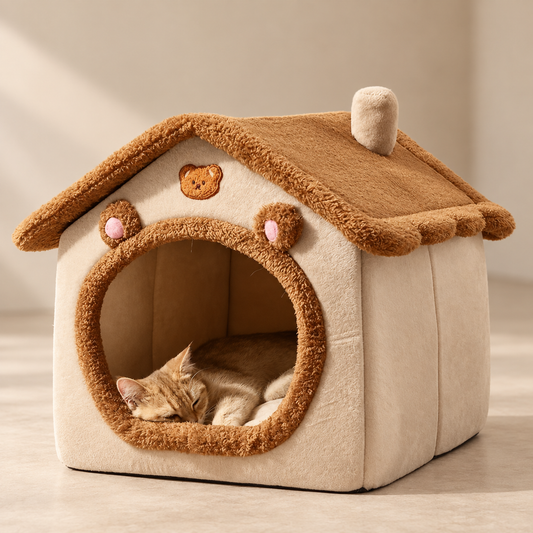 Cream and caramel house-shaped Cozy Cave pet bed with a sleeping cat.
