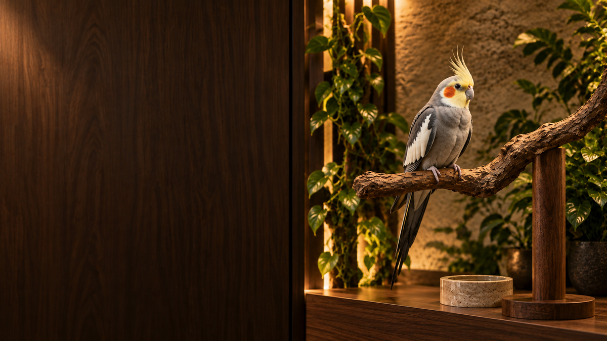 A cockatiel on a natural wooden perch in a warm walnut and stone interior. No reptiles.
