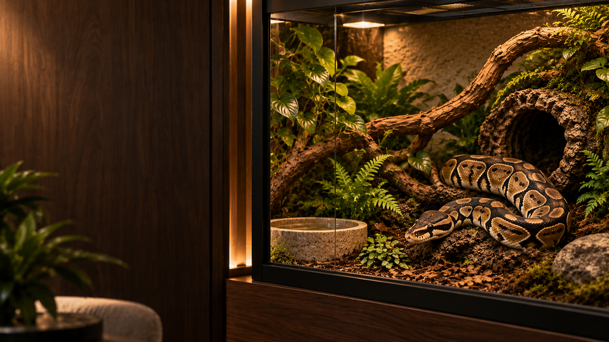 A ball python in its own enclosed glass habitat with cork hide, branch and water dish. No birds.