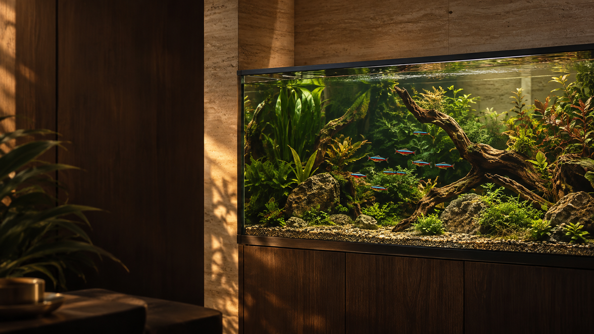 Cardinal tetras swimming among plants and driftwood in a warm, planted aquarium.