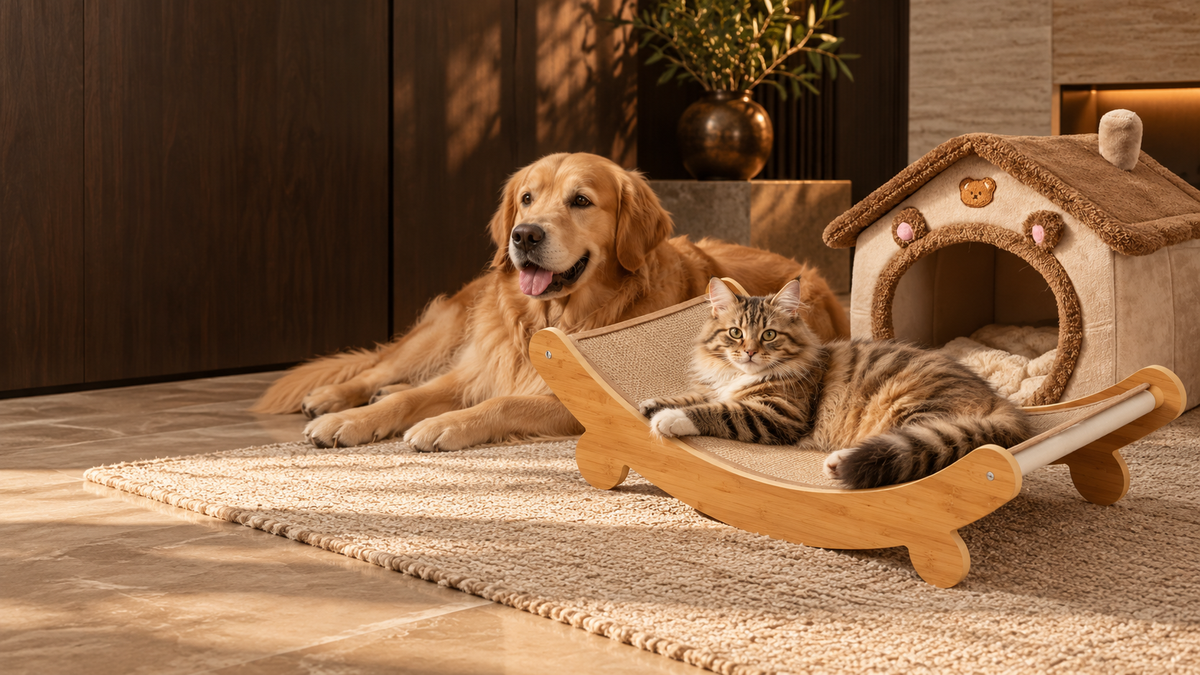 Golden retriever resting beside a tabby cat on the wooden scratching recliner, with the Cozy Cave pet bed.