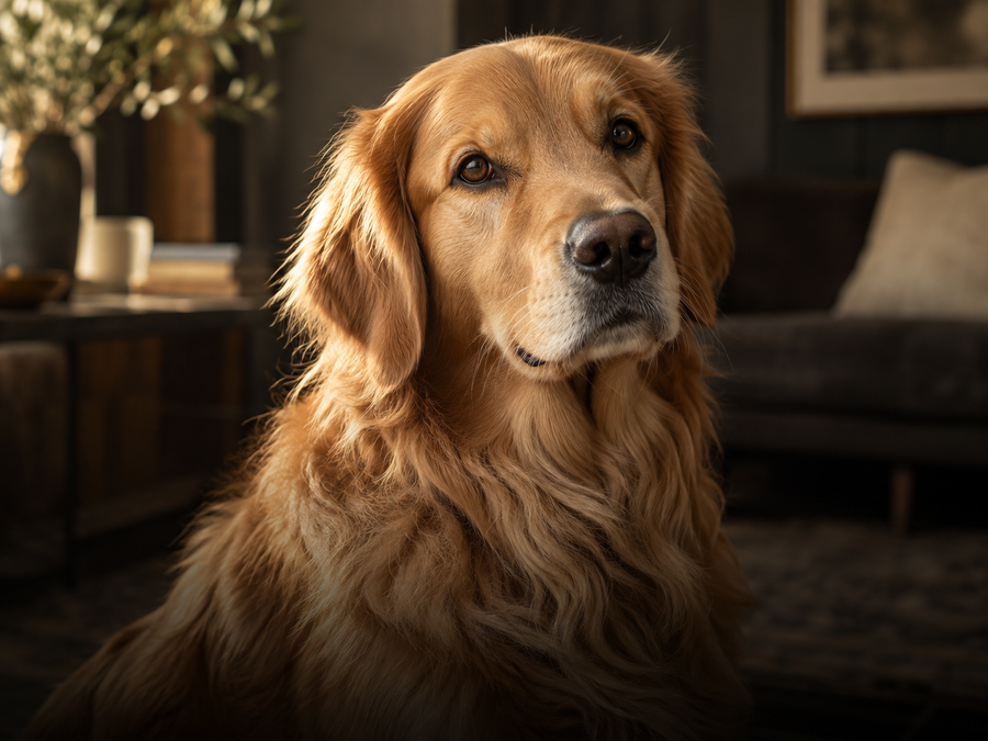 Golden retriever in warm natural light.