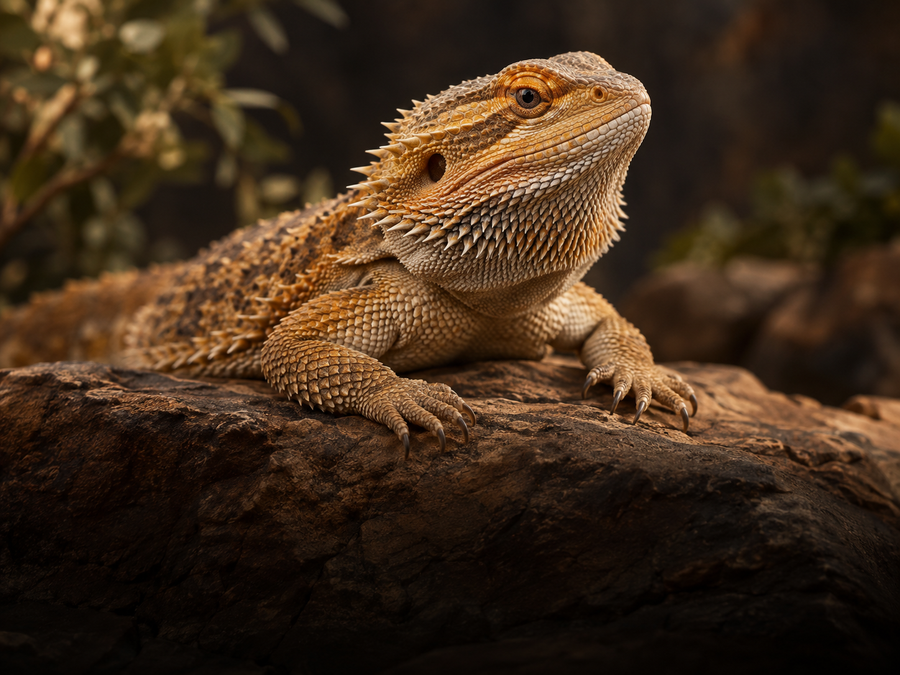 Bearded dragon resting on a natural rock.