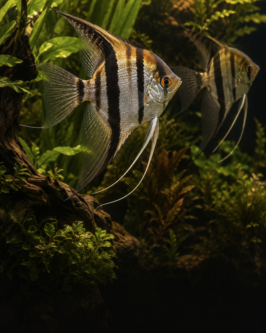 Freshwater angelfish among lush aquatic plants.