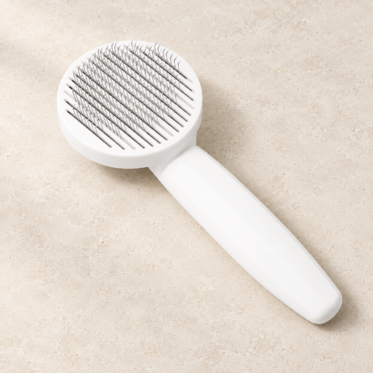 White pet grooming brush with silver pins on a pale stone surface.