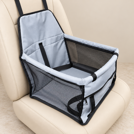 Light gray and black mesh pet travel carrier shown on an ivory seat.